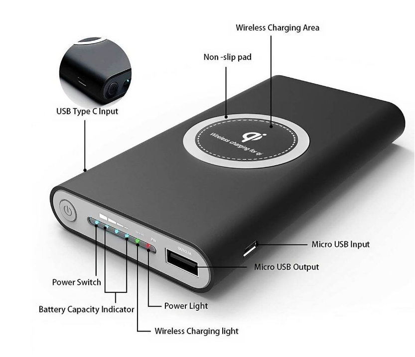 Qi Wireless Portable Power Bank Charger for Iphone and Android - Black 15000MAH